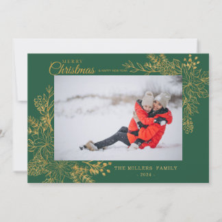 Gold Vintage Botanical Frame Photo Merry Christmas Holiday Card
