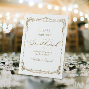 Gold Vintage Classic Script Wedding Guest Book Pedestal Sign