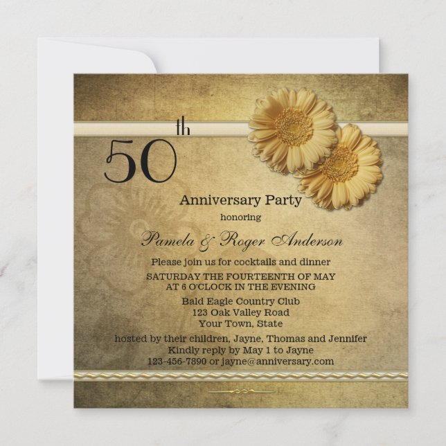 Gold Vintage Daisy Flowers Anniversary Invitation (Front)