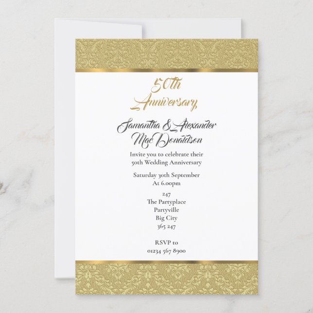 Gold vintage damask 50th wedding anniversary invitation (Front)