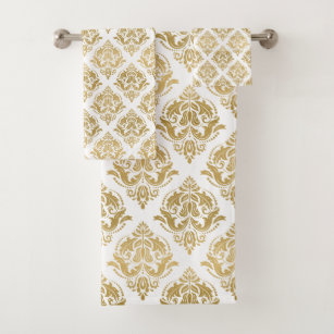 Gold vintage damask pattern on white bath towel set