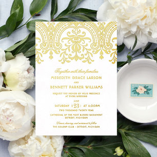 Gold Vintage Damask Wedding Foil Invitation