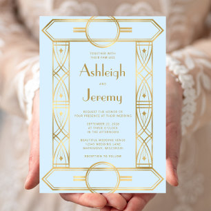 Gold Vintage Deco Frame Baby Blue Wedding Invitation