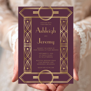 Gold Vintage Deco Frame Burgundy Wedding Invitation