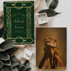 Gold Vintage Deco Frame Dark Green Photo Wedding Save The Date