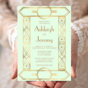 Gold Vintage Deco Frame Mint Green Wedding Invitation