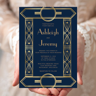Gold Vintage Deco Frame Navy Blue Wedding Invitation