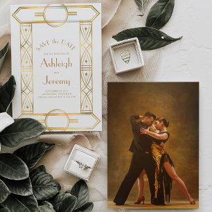 Gold Vintage Deco Frame White Photo Wedding Save The Date