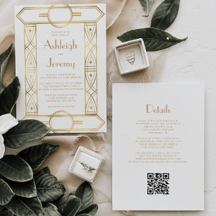 Gold Vintage Deco Frame White QR Code Wedding Invitation