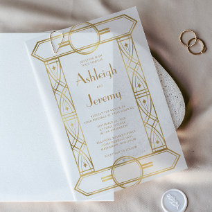 Gold Vintage Deco Frame White Wedding Vellum Invitations