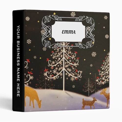 Gold Vintage Deer Family in Snowy Christmas Forest 3 Ring Binder