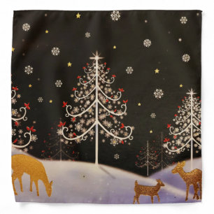 Gold Vintage Deer Family in Snowy Christmas Forest Bandana