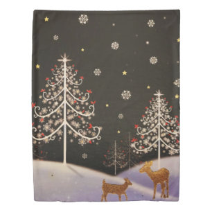 Gold Vintage Deer Family in Snowy Christmas Forest Duvet Cover
