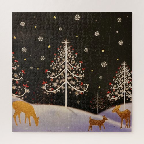 Gold Vintage Deer Family in Snowy Christmas Forest Jigsaw Puzzle