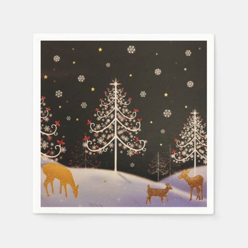 Gold Vintage Deer Family in Snowy Christmas Forest Napkins