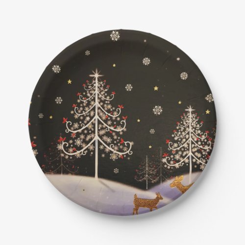 Gold Vintage Deer Family in Snowy Christmas Forest Paper Plates