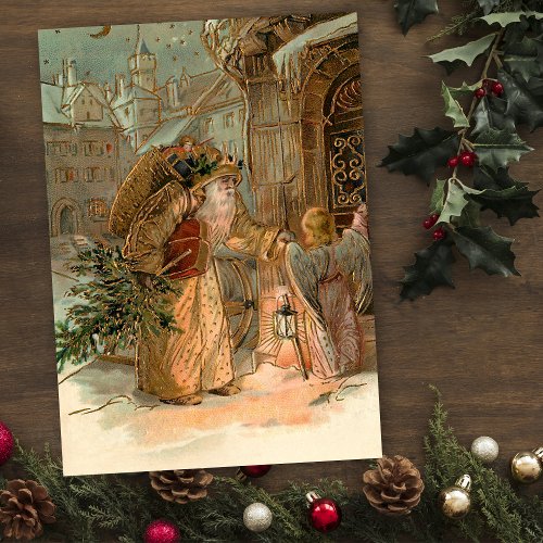 Gold Vintage Father Christmas and Angel Holiday Card
