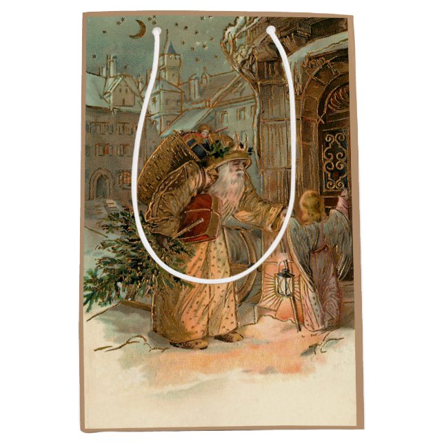 Gold Vintage Father Christmas and Angel Medium Gift Bag (Front)