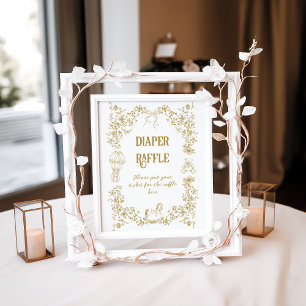 Gold Vintage Floral Bow Bear Baby Shower diaper Poster