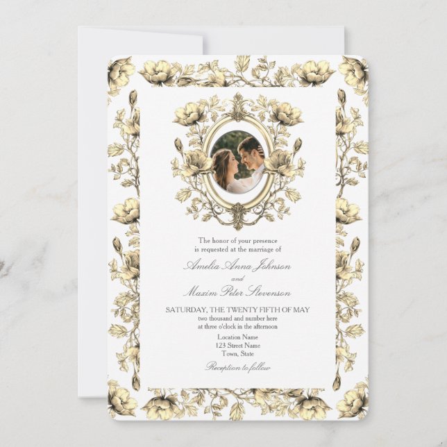Gold Vintage Floral Photo Wedding  Invitation (Front)