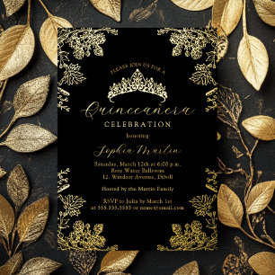 Gold Vintage Floral Quinceanera  Foil Invitation