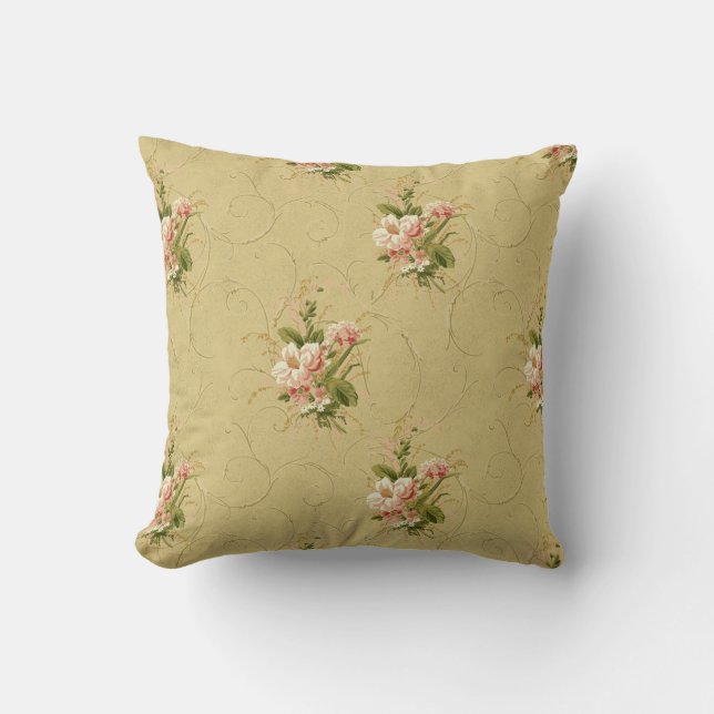 Gold Vintage FLoral Rose Throw Pillow (Front)