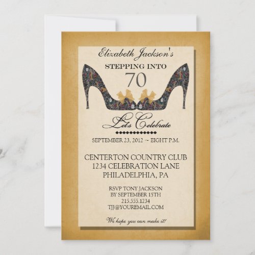 Gold Vintage Floral Shoe 70th Birthday Invitation