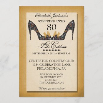 Gold Vintage Floral Shoe 80th Birthday Invitation by NightSweatsDiva at Zazzle