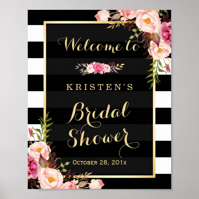 Gold Vintage Floral Stripes Bridal Shower Sign (Front)