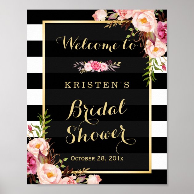 Gold Vintage Floral Stripes Bridal Shower Sign Poster