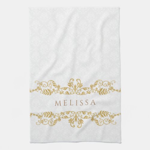 Gold Vintage Floral Swirls Frame Kitchen Towel