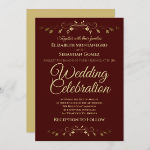 Gold Vintage Flourish on Auburn Simple Wedding Invitation