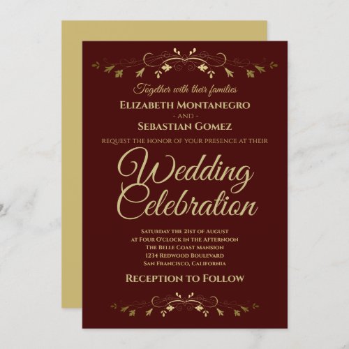 Gold Vintage Flourish on Auburn Simple Wedding Invitation