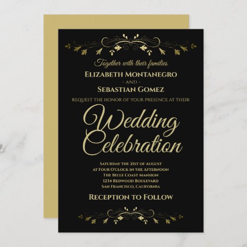 Gold Vintage Flourish on Black Simple Wedding Invitation