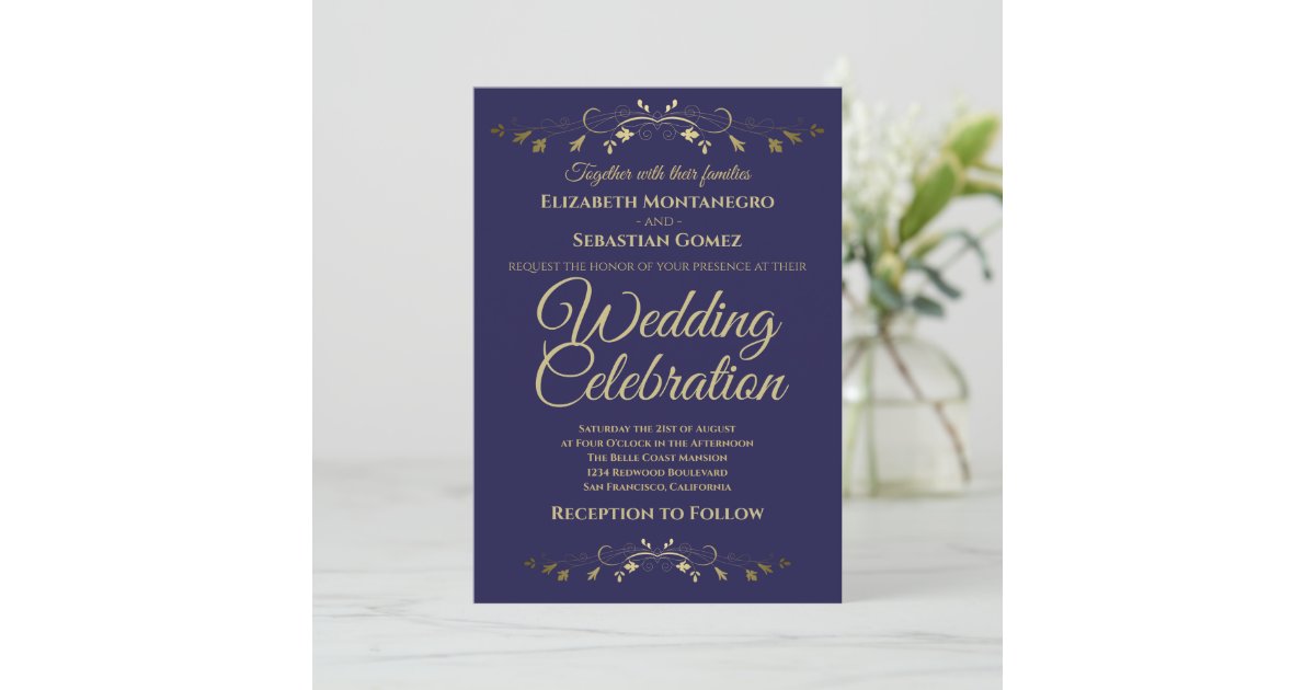 Gold Vintage Flourish on Navy Blue Simple Wedding Invitation | Zazzle
