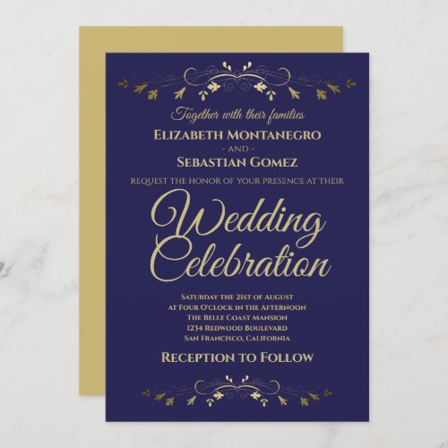 Gold Vintage Flourish on Navy Blue Simple Wedding Invitation