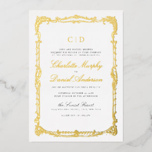 Gold Vintage Frame Classic Script Monogram Wedding Foil Invitation