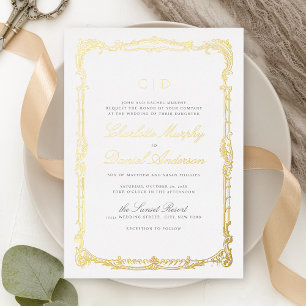 Gold Vintage Frame Classic Script Monogram Wedding Foil Invitation