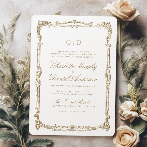 Gold Vintage Frame Classic Script Monogram Wedding Invitation