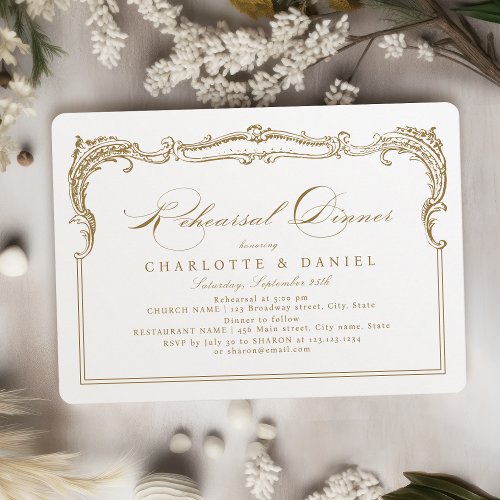 Gold Vintage Frame Classic Script Rehearsal Dinner Invitation