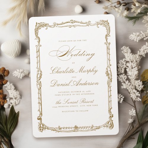 Gold Vintage Frame Classic Script Simple Wedding Invitation