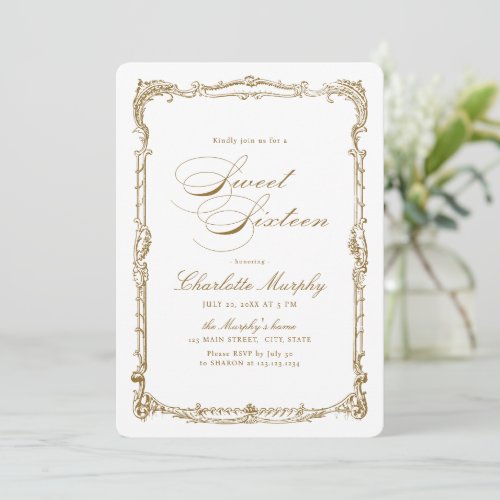 Gold Vintage Frame Classic Script Sweet Sixteen Invitation