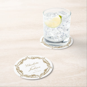 Gold Vintage Frame Classic Script Wedding Round Paper Coaster