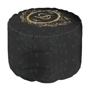 Gold Vintage frame Monogram damask background Pouf