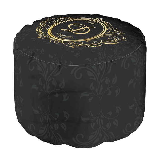 Gold Vintage frame Monogram damask background Pouf (Angled Front)