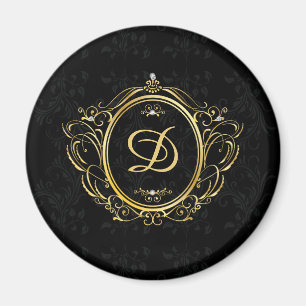 Gold vintage frame monogram with black damask back magnet