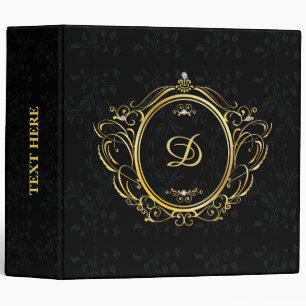 Gold Vintage frame Monogram with damask background 3 Ring Binder