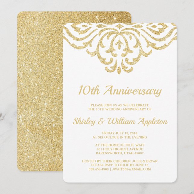 Gold Vintage Glam Elegant 10th Wedding Anniversary Invitation (Front/Back)
