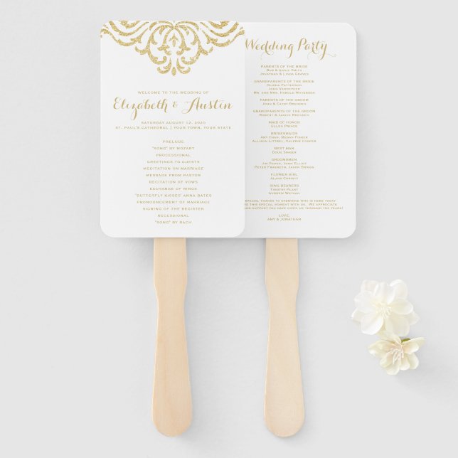 Gold Vintage Glamour Elegance Wedding Program Fan (Front and Back)