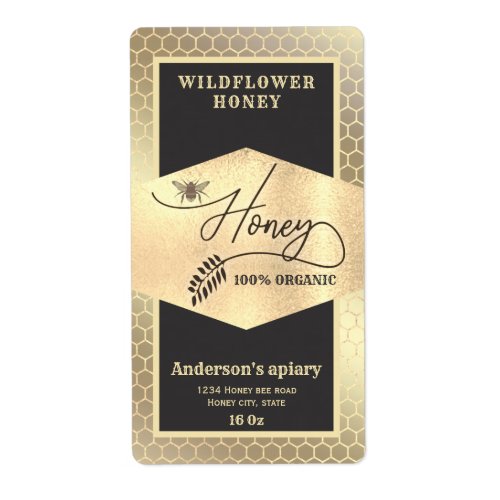 Gold Vintage gold honeybee  script honey jar Label